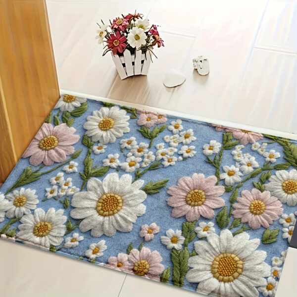 Fresh Floral Faux Cashmere Door Mat for Bathroom and Entryway Non-Slip
